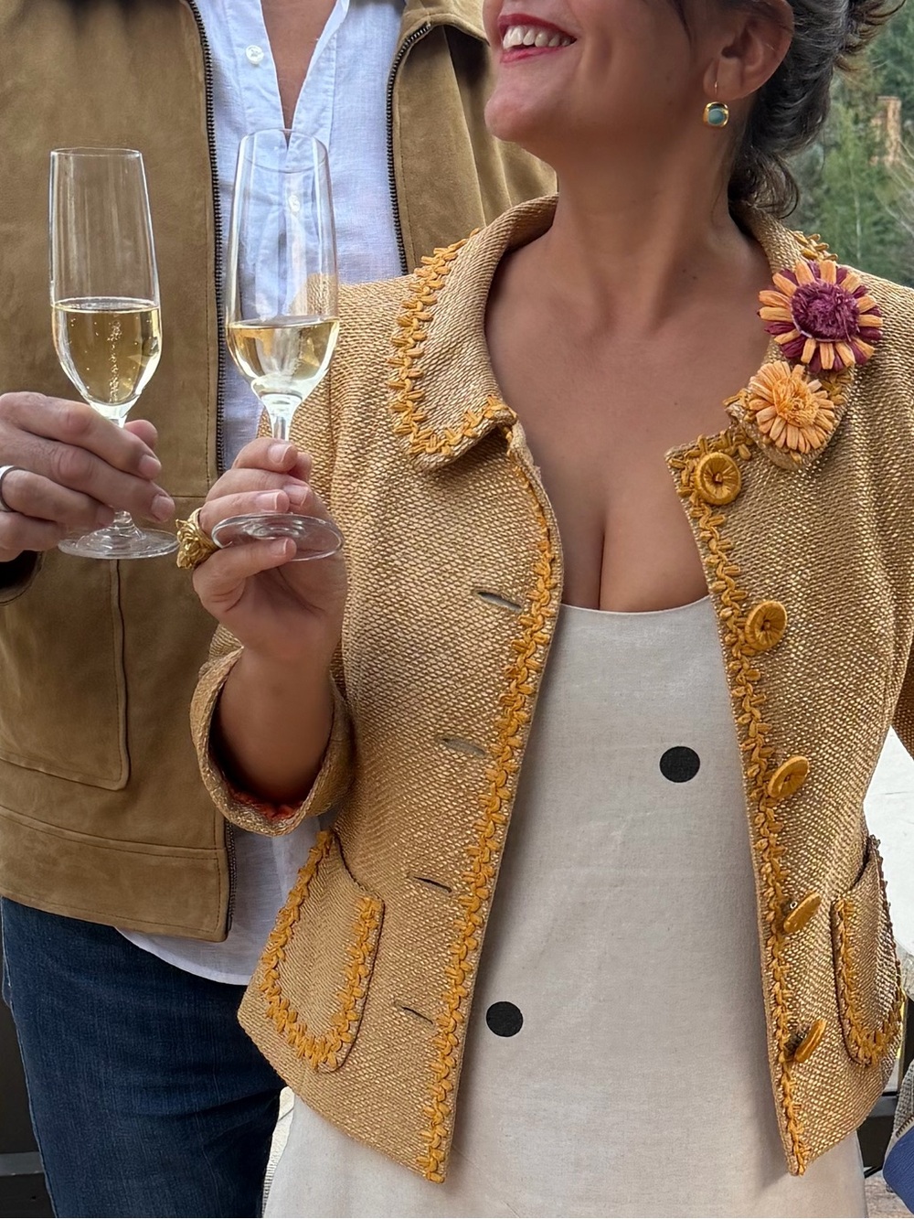 Moschino Gold Tweed Blazer with Floral Collar Detail